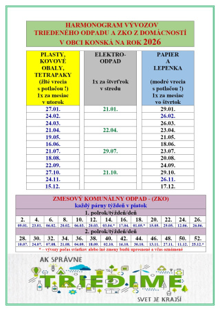 Harmonogram vývozov odpadov na&nbsp;rok 2026