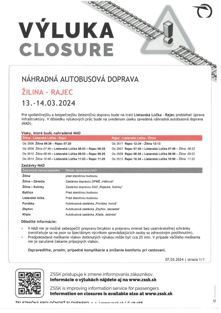 Výluka ŽD 13.-14.2024 ŽILINA - RAJEC