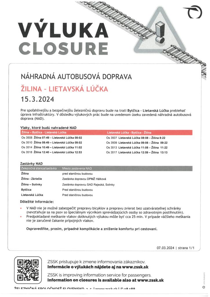 Výluka ŽD 15.03.2024 ŽILINA - LIET. LÚČKA