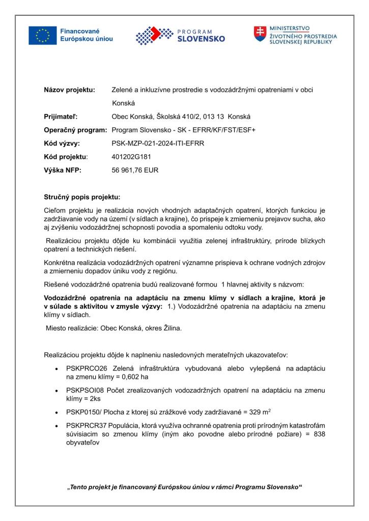 Zelené a&nbsp;inkluzívne prostredie s&nbsp;vodozádržnými opatreniami v&nbsp;obci Konská