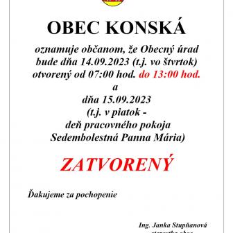 OcÚ Konská 14.09. otvorený do 13:00 h. a 15.09.2023 - ZATVORENÝ