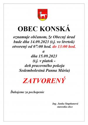 OcÚ Konská 14.09. otvorený do 13:00 h. a 15.09.2023 - ZATVORENÝ