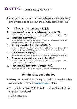 KFTS s.r.o. pracovná ponuka